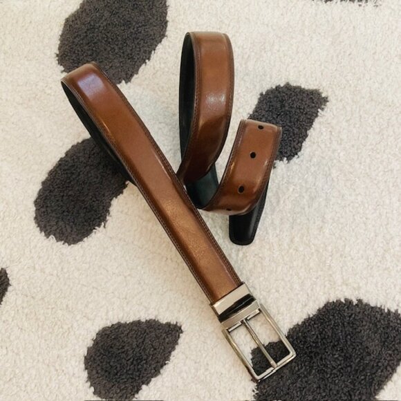 Perry Ellis Mens 38/95 Reversible Black Brown Silver Sleek Modern Dress Belt - Picture 1 of 15